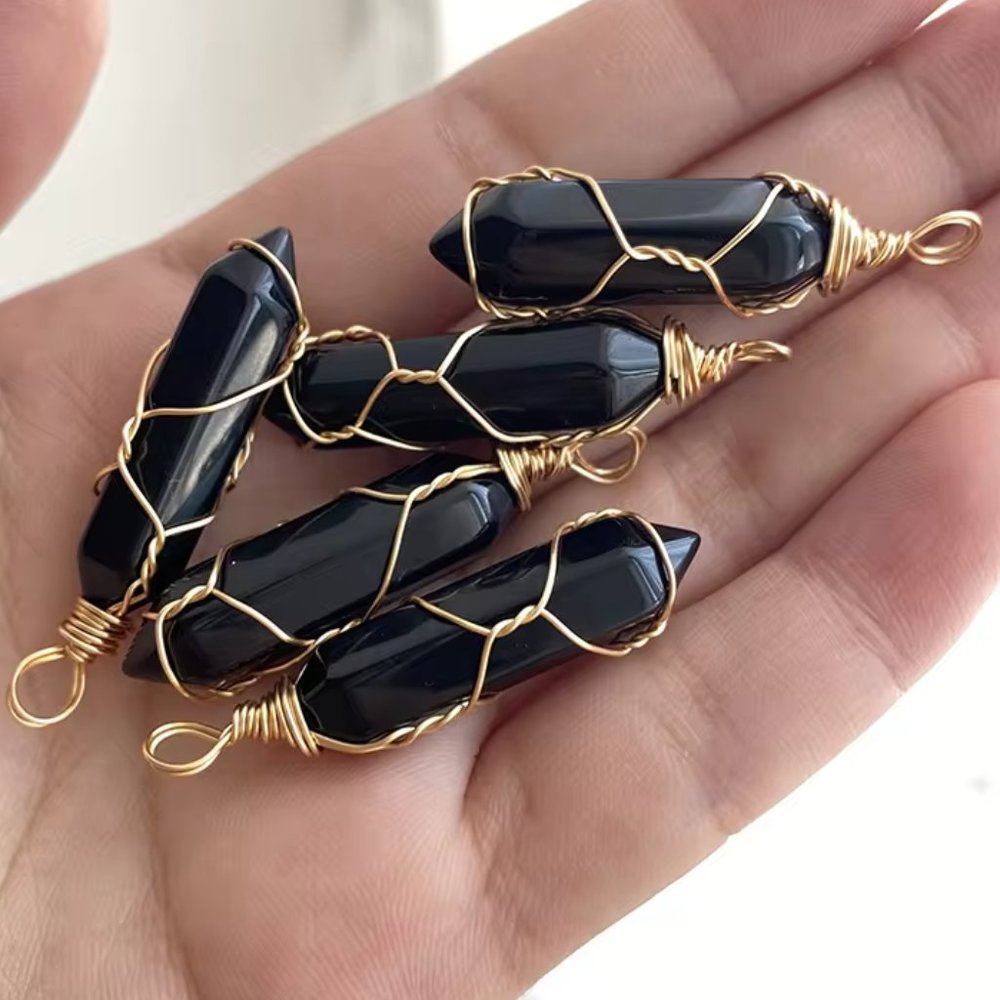 Black Obsidian Natural Gemstone Hexagonal Point Gold Wire Wrapped Pendant - Picture 2 of 3